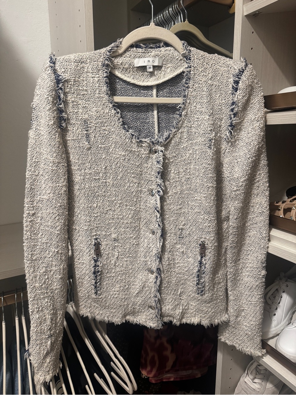 IRO Fringe-Trim Cream and Navy Tweed Cardigan Jacket